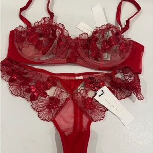 Fleur du Mal Scarlet Floral Lace Bra Set 34b/ small